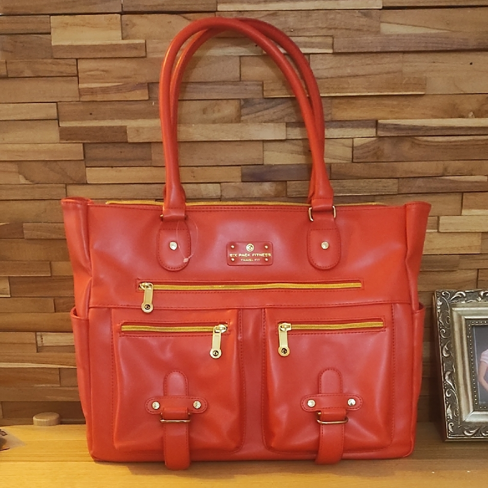 6 Pack Vibrant Red Tote with Gold Accents
